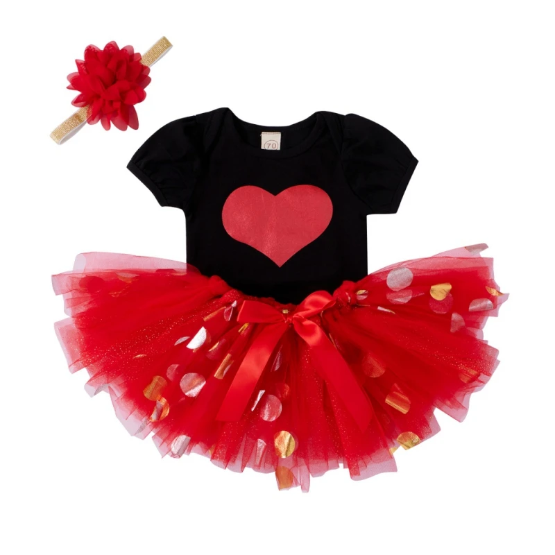 

3Pcs Summer Newborn Baby Girls Clothes Sets Love Heart Print Short Sleeve Tops Mesh Tutu Skirt Headband Party Outfits