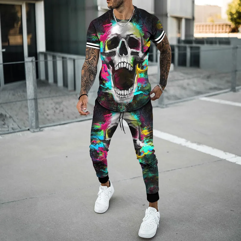 

Skull 3D Printing Men's Suit Hip-Hop Rock Punk T-shirt Sports Pants 2-Piece Set 2021 Summer New Casual Sports Streetwear S-6XL
