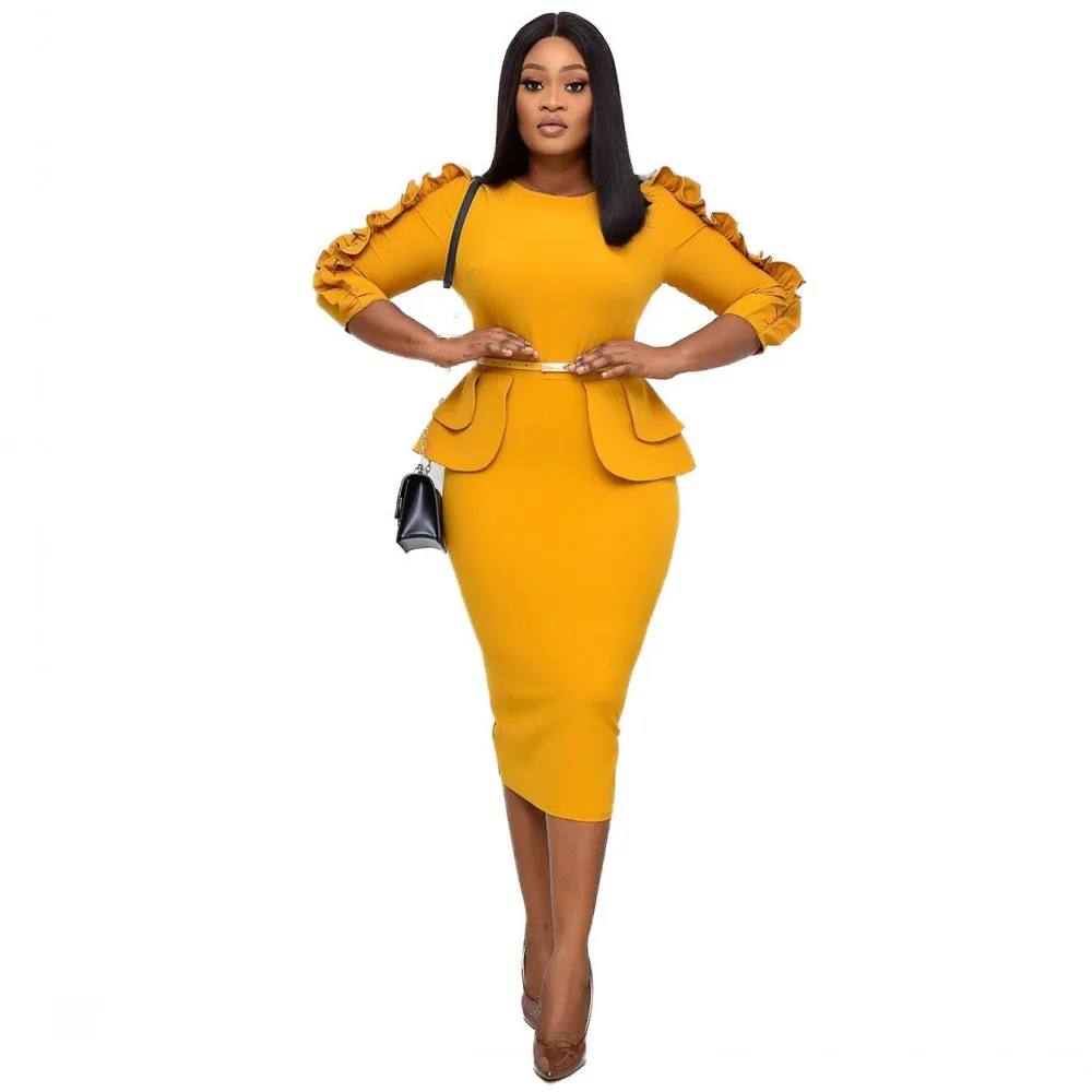 

Office Ladies Occupation Solid Color Simple Pencil Dress Elegant Temperament 3/4 Sleeve Daily Work Uniform African Women Dresses