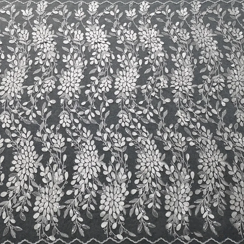 

Applique Wedding Dress Lace Fabric Laser Leaf 3D Flower Sequin Embroidery Fabric RS3767