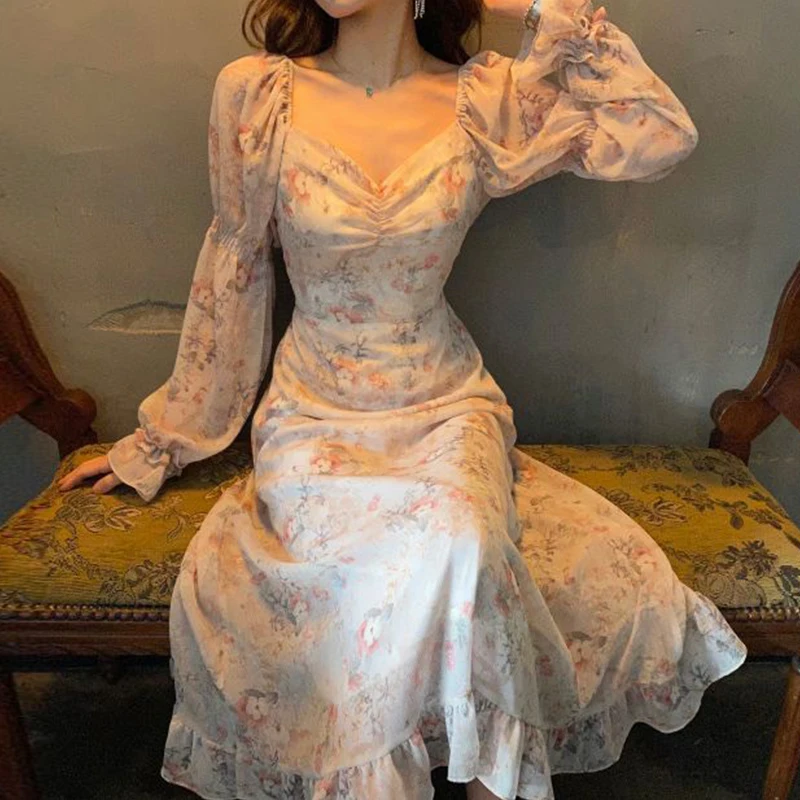 2020New Fashion женское корейское шикарное винтажное платье с v образным вырезом и
