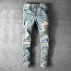 Брюки мужские рваные в стиле ретро, модные штаны из потертого денима, Модные зауженные джинсы стрейч с заплатками