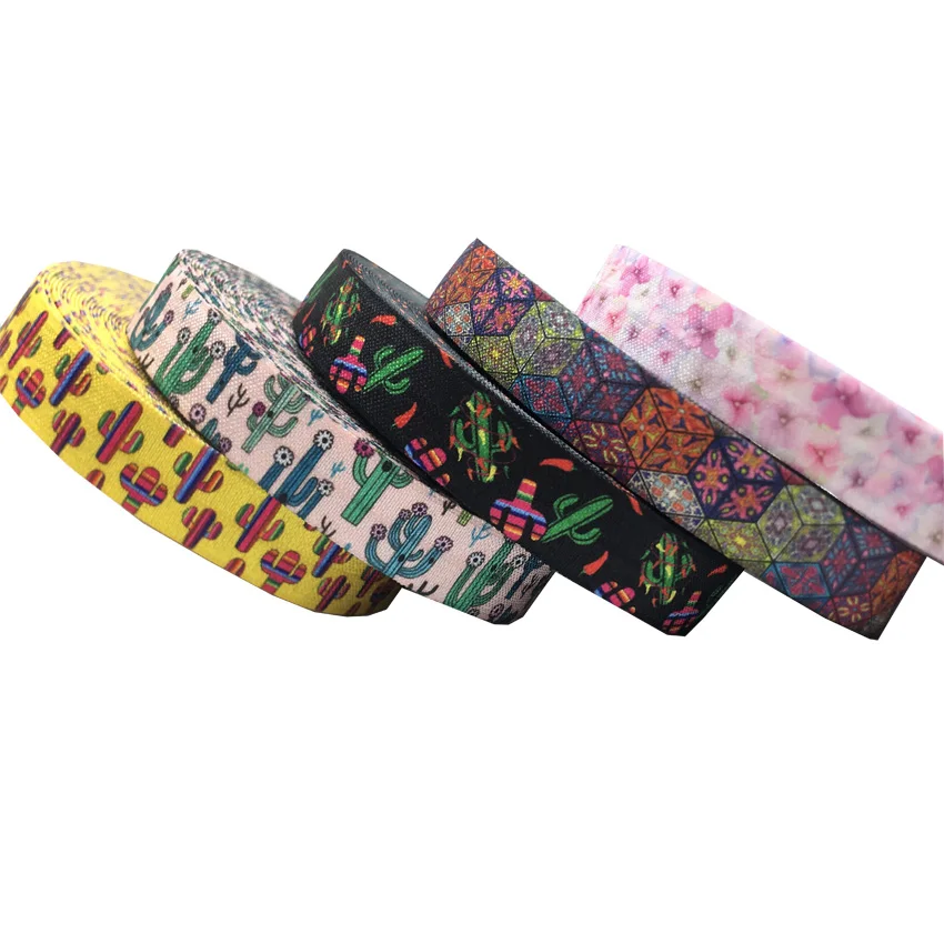 

10Yard 5/8" 16mm Tropical Cactus Printed Heat Transfer Fold over Elastic FOE Stretch Ribbon Hairbow Headwear Headband