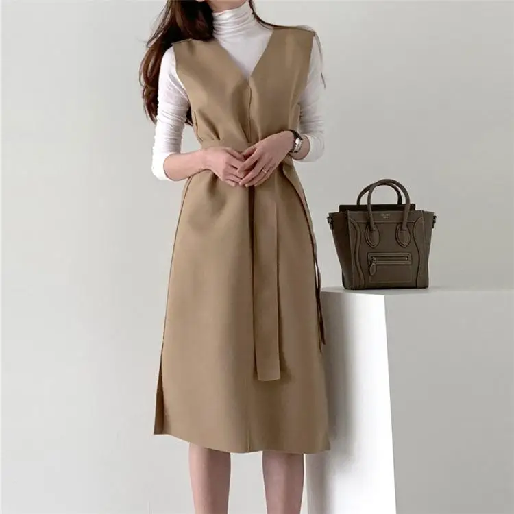 

New 2021 Winter Spring Women Dresses Sashes Solid Split Straight Knitting Warm Sweater Elegant Office Ladies