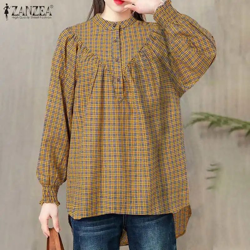 

ZANZEA Vintage Women 2022 Plaid Blouse Femme Button Checked Street Print Chemise Tunic Top Casual Long Sleeve Grid Printed Blusa