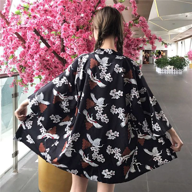 

Women Haori Brand Crane Japanese Kimono Traditional Obi New Feeling Female Clothing Kimomo Gown Cardigan Kimono Japones