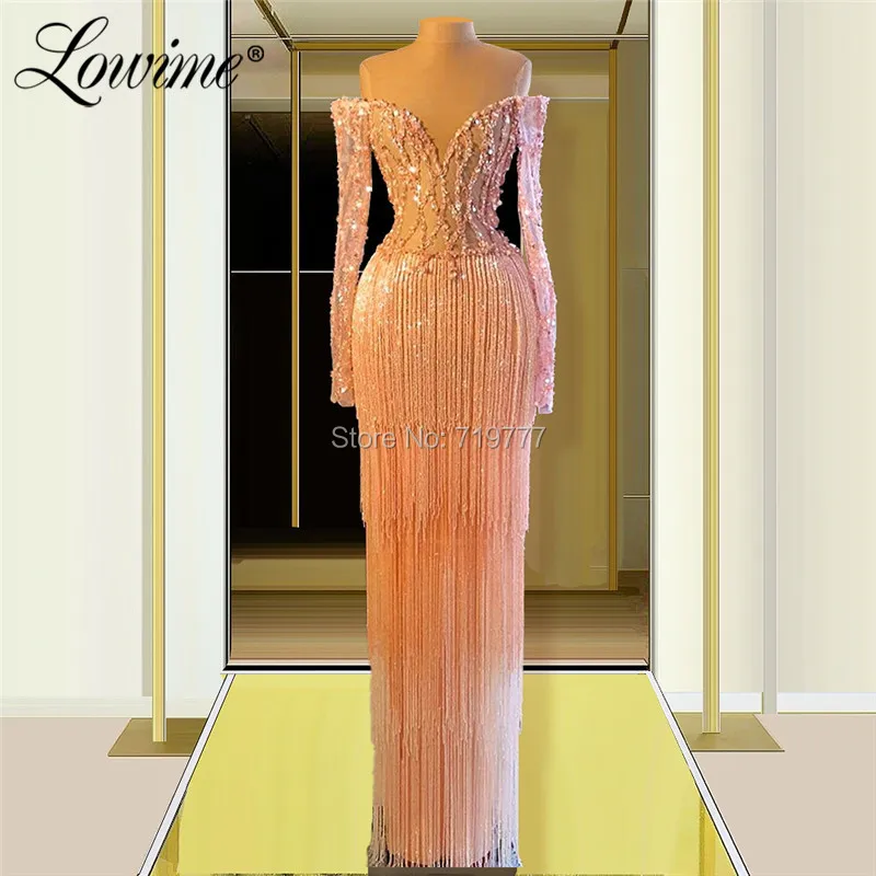 Pink Tassel Beaded Off The Shoulder Evening Dress Handmade Sequins Arabic Party Gown 2020 Customized Prom Dresses Robe De Soiree