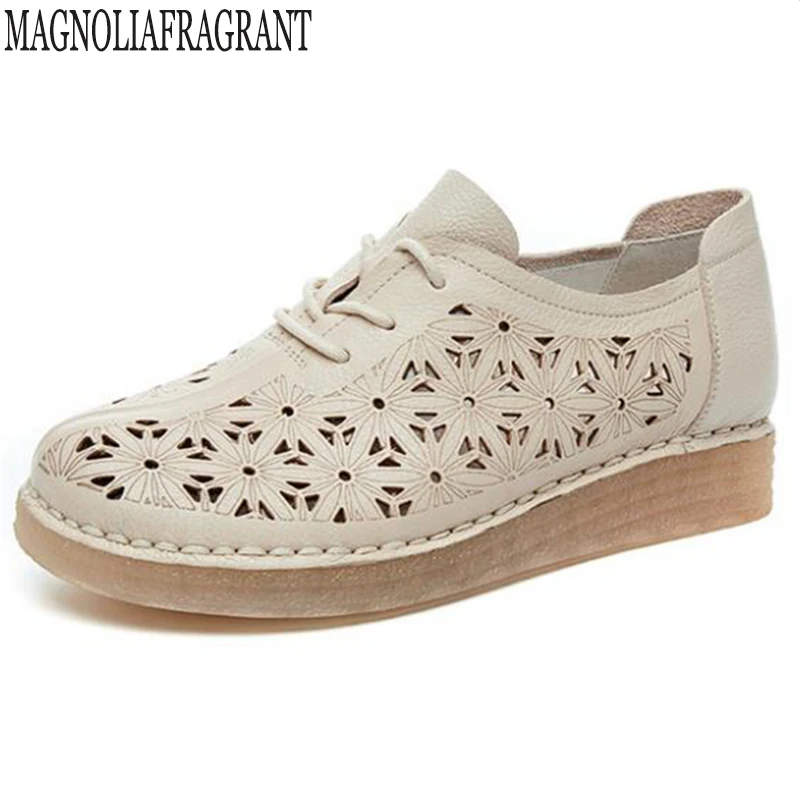 

new fashion Women Flat Shoes Lace Up Moccasins Soft Genuine Leather Ladies Shoes Handmade Flats Hollow Casual Women Shoes y966
