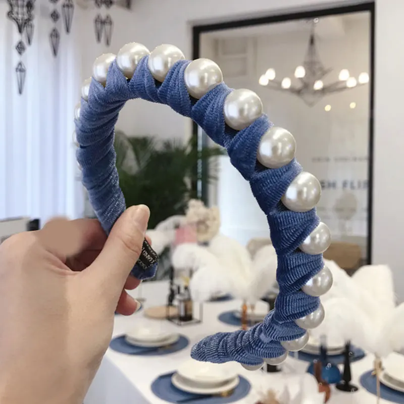 

Women Headband Big Pearl Wrapped Head Hoop Cross Twist Wide-brimmed Hair Hoop Hair Accessories Gold Velvet Elegant hair band