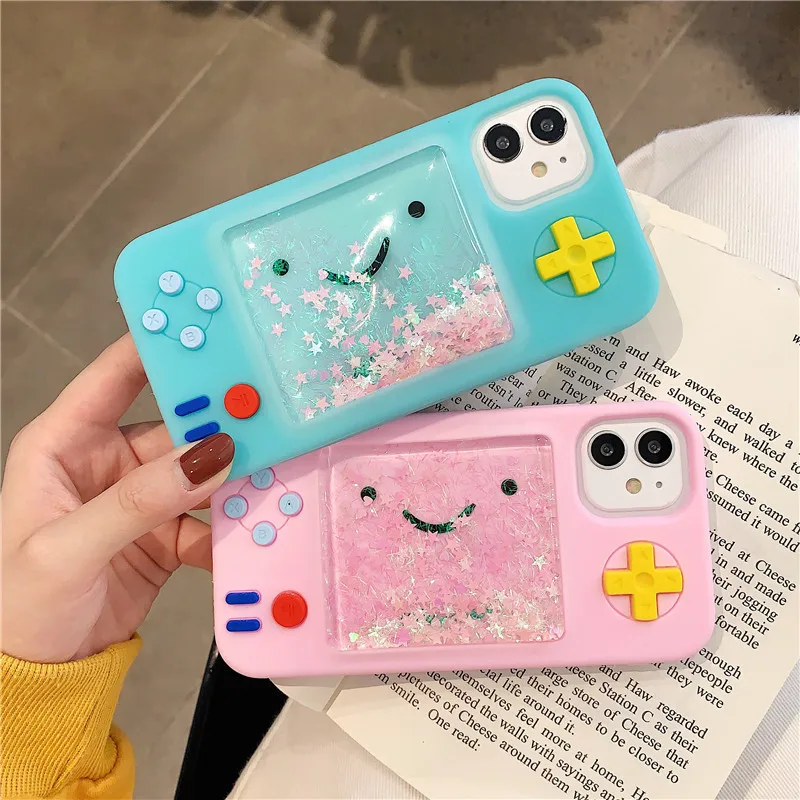 

Pink 3D cute smiley game machine dynamic liquid quicksand silicone soft cover for iphone 11Pro MAX XS XR 7 8 plus X phone cases