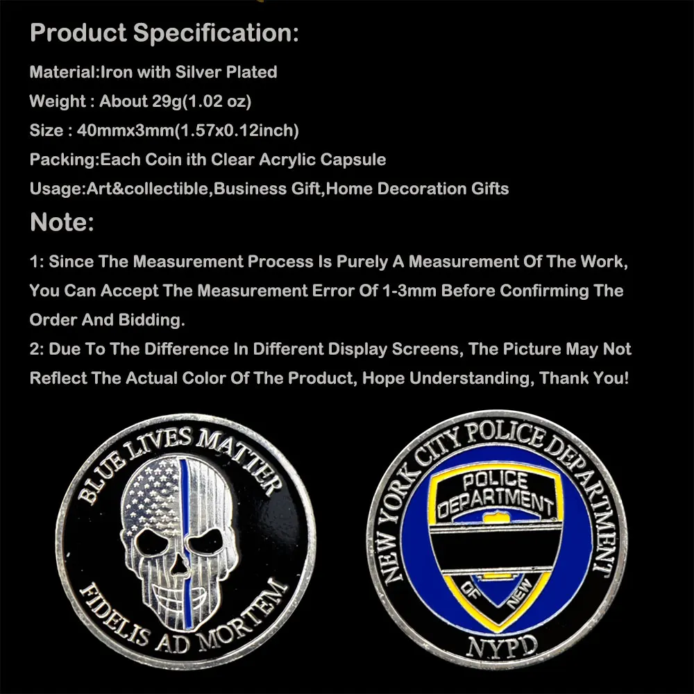 

Blue Lives Matter Fidelis Ad Mortem New York Police Department Oepartment Fide Challenge Coin Usa Skull Souvenirs Coins Gift