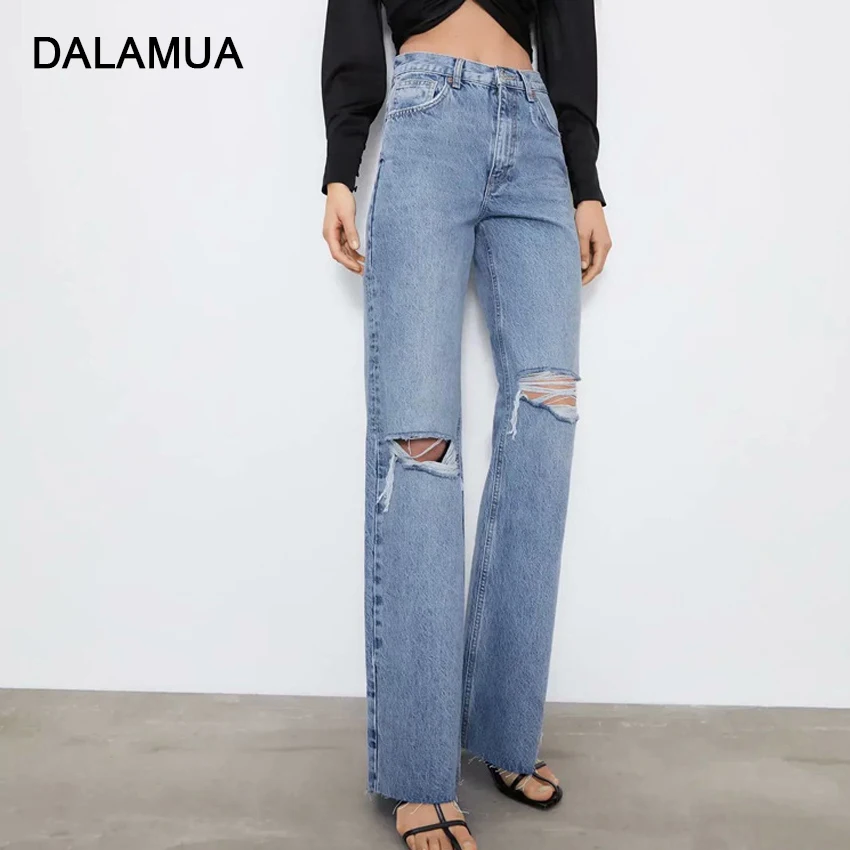 

Casual Women Jeans 100% Cotton High Waist Office Lady Straight Pants Hollow Out Solid Blue 2021 Autumn New Female Denim Trousers