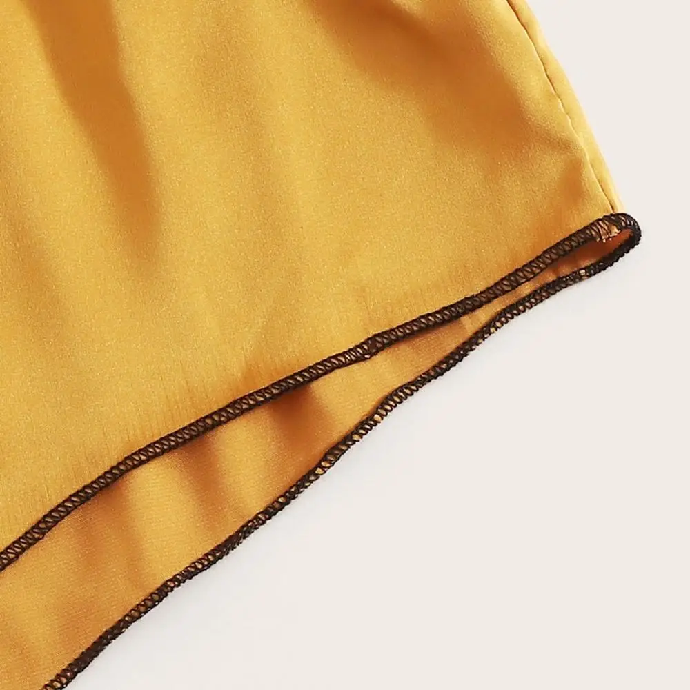 

2019 New Women Satin Silk Camisole pajama set Solid color Round Neck sleepwear women Casual yellow nightwear Pajamas Lingerie N4