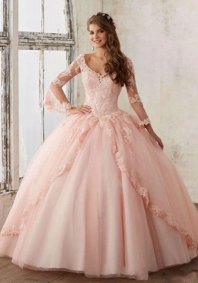

New Quinceanera Pageant Ball Gown Long-sleeve Dress Prom Party Gown Pink Tulle Applique lace Sexy 16 Dresses