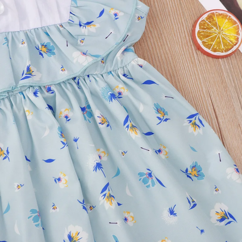 

Girls Summer Lovely Sweet Cotton Knee-Length Short Sleeve Fashion Floral Printting Button Ruffles Pure Color A-Line Dress