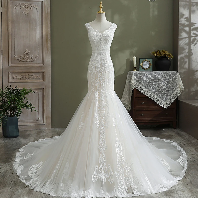 

Elegant Bride Wedding Dress White Lace Applique Tulle Long Train Vestidos De Novia Bridal Dress Wedding Gown