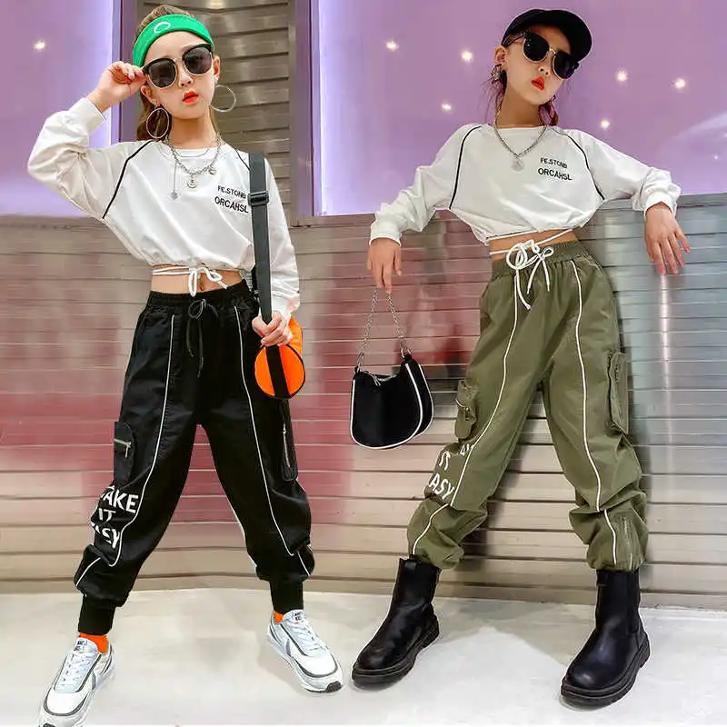 

Stylish Girls Outfit Hip Hop Short Sweatshirt Tops Coats Harem Cargo Pants Suit Teens Girl Spring Autumn Street Jogger Child Set