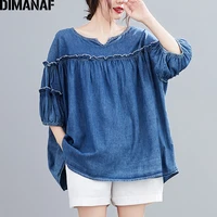 dimanaf summer blouse shirt ruffles cotton denim fashion lady tops tunic loose pleated casual oversize tshirts women clothing