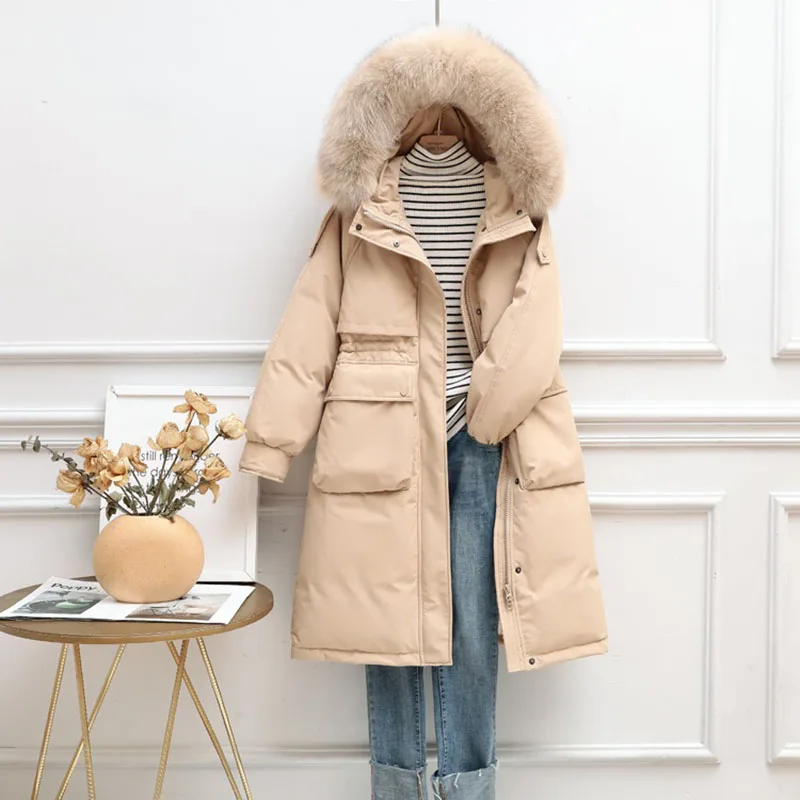 New Winter Artificial Fur Hooded Long Jacket 90% White Duck Down Coat Big Pocket Parkas Loose Warm Jackets Yellow Snow Outwear