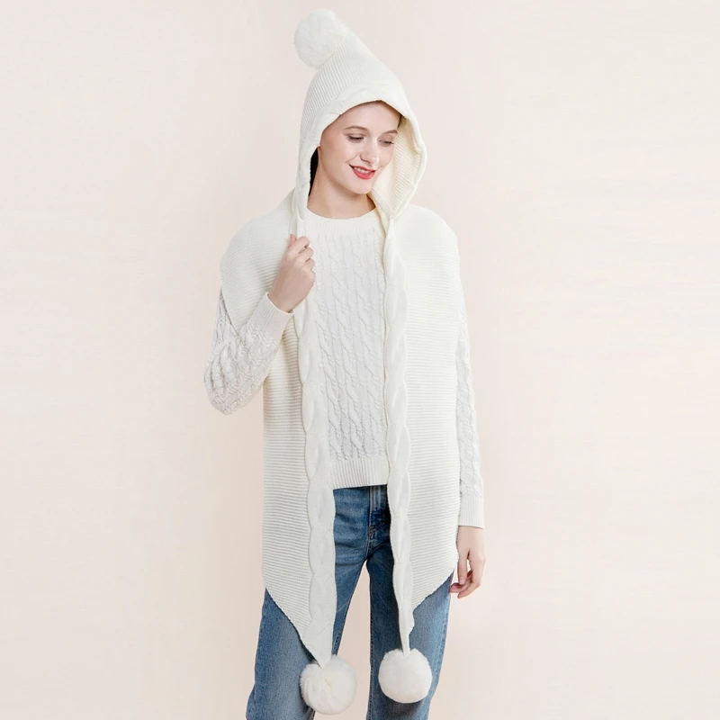 

Women Winter Hooded Hat Scarf Cute Pompom Crochet Knit Shawl Wrap Outdoor Windproof Blanket Earflap Cap Neck Warmer