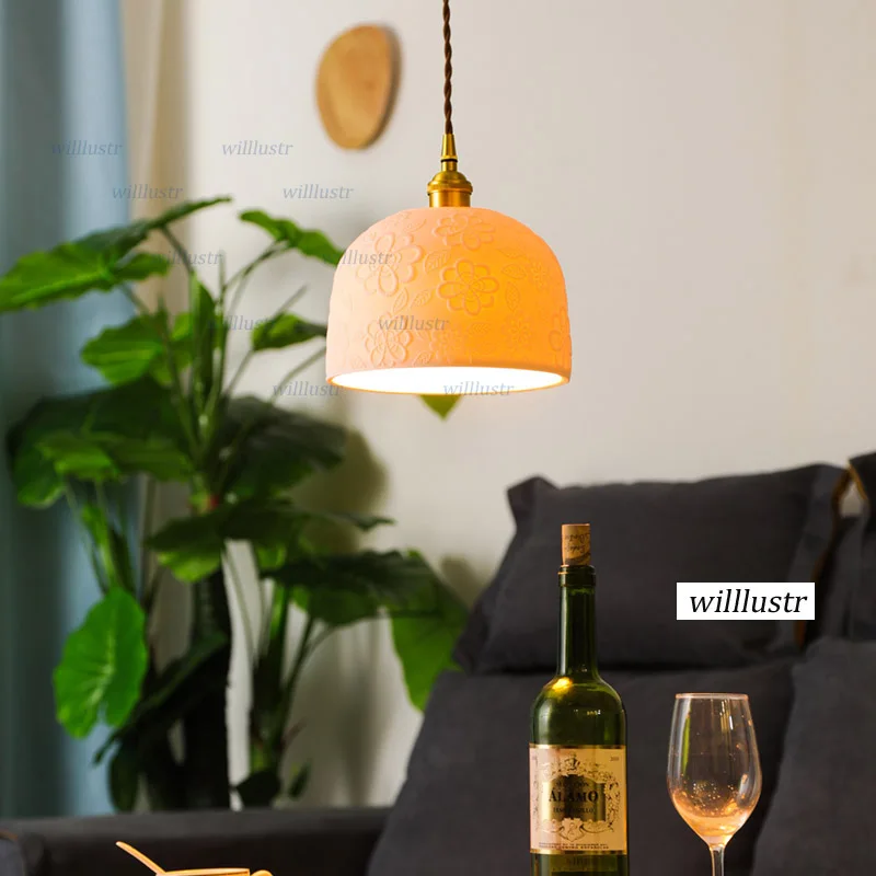 

Art Deco Ceramic Flower Pendant Lamp Copper Suspension Light Hotel Restaurant Bedroom Study Cafe Bar Porcelain Handmade Lighting