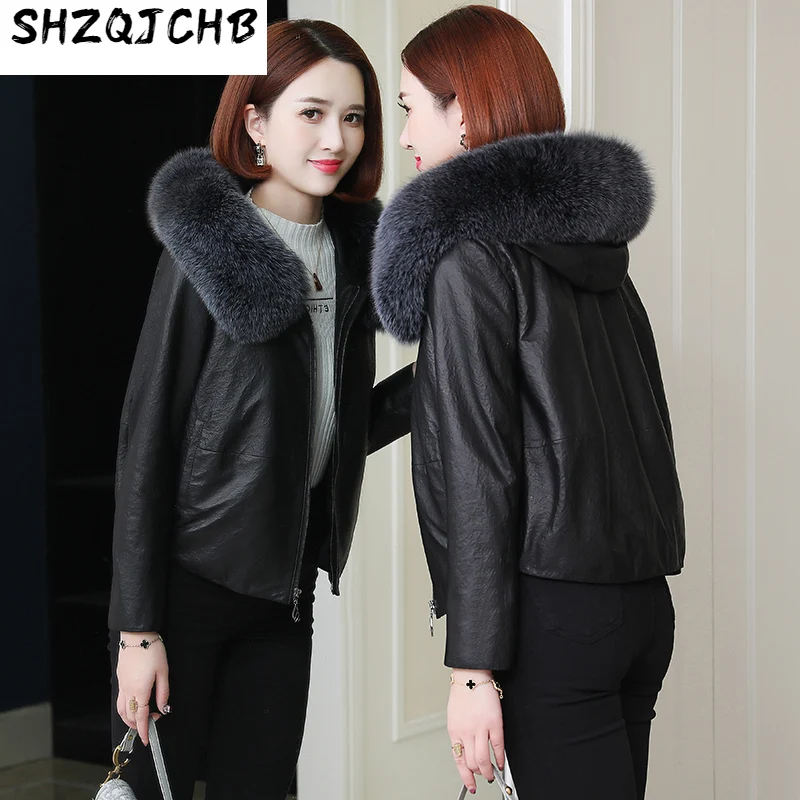 

SHZQ, новинка сезона осень-зима 2021, меховое пальто, кожаное пальто, куртка из овечьей кожи, кожаный пуховик, короткая женская куртка