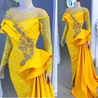 Aso Ebi 2020 желтое вечернее платье, кружевное платье с бисером, женское платье для выпускного вечера, официальное платье с длинным рукавом, Саудовский арабский наряд