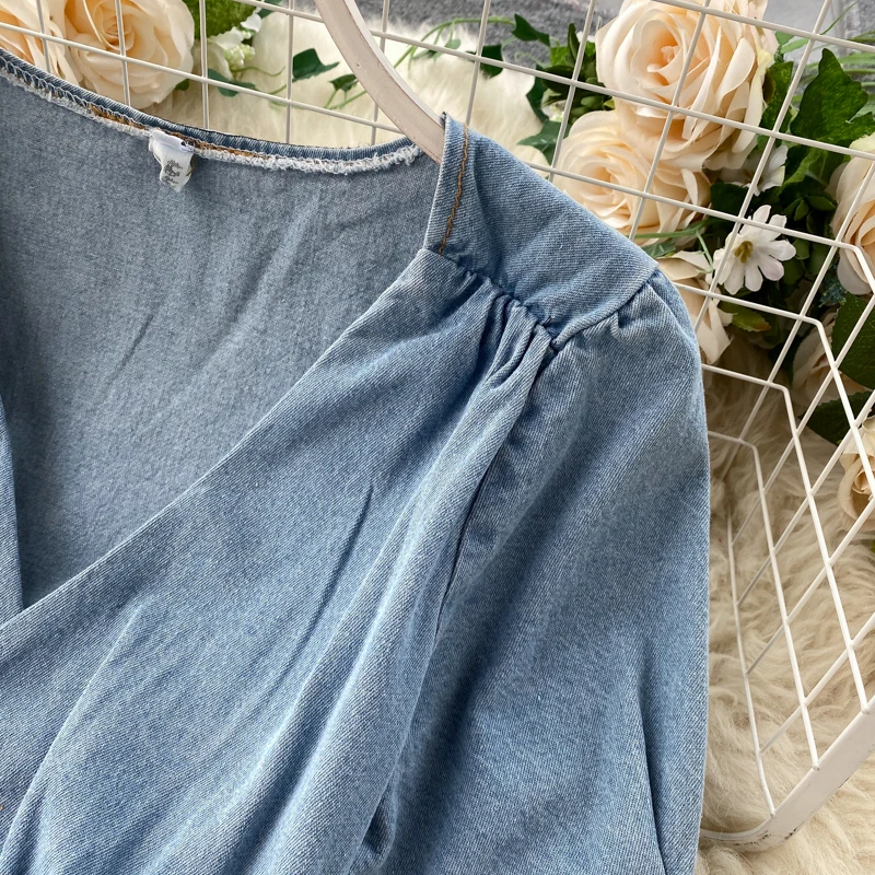 В стиле ретро Платье из джинсовой ткани с v образным вырезом Пояс для Похудения