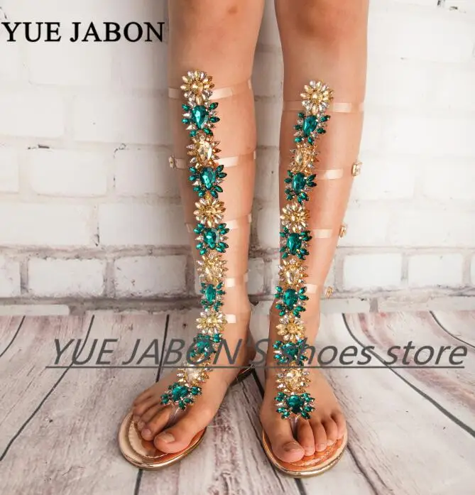 Новые летние сандалии гладиаторы на плоской подошве сапоги до колена с зелеными