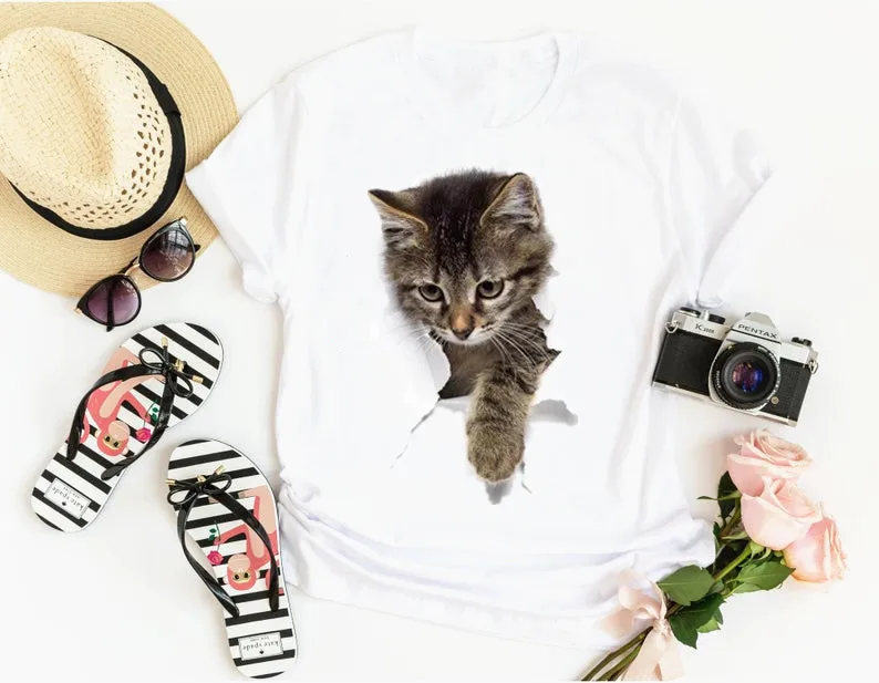 

Cat ripped paper pattern Fashion shirt Cotton Plus Size Short Sleeve Women's harajuku Aesthetic O Neck Top Tee Drop Shipping