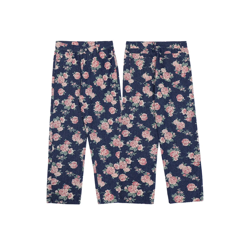 Stylish Rose Flower Full Print Vintage Men Casual Baggy Jeans Trousers Hip Hop Washed Women Denim Pants Elegant Pantalon Homme