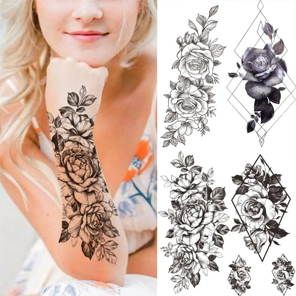 Black Peony Flower Temporary Tattoos For Women Men Adult Geometric Rose Flora Fake Tatoo DIY Body Art Disposable Tattoo Stickers