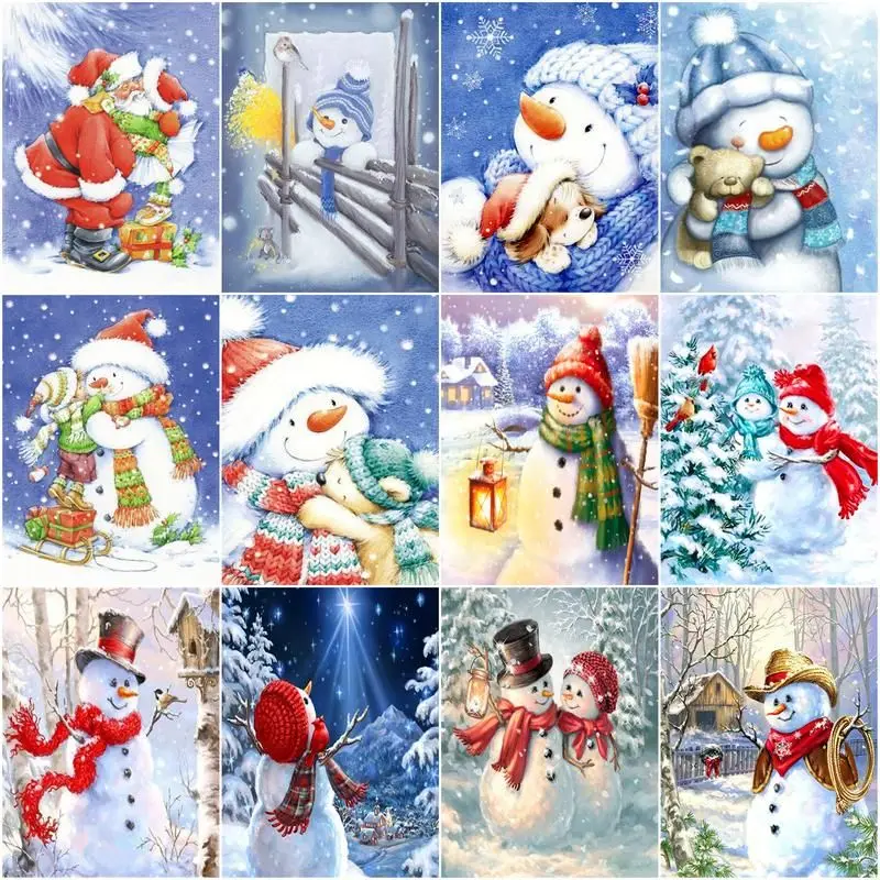 

CHENISTORY Oil Painting By Numbers Snow Man Kits Drawing Canvas Handpainted Diy Pictures By Numbers Winter Scenery Home Decor