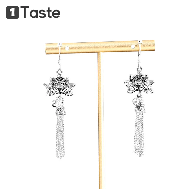 

ONE TASTE S925 Silver Lotus Flower Drop Earrings For Women Thai Silver Chain Tassel Vintage Trendy Earring Fine Jewelry 2021 New