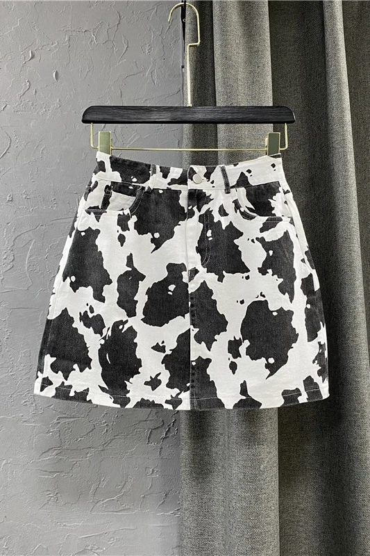 

2021 New Summer Black and White Cow Denim Skirt Korean Style Women's High Waist A Line Skirt Slimming and Fashionable Skirt