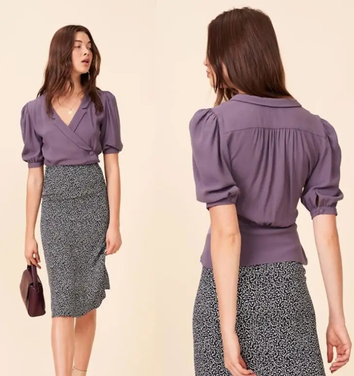 Women Shirt Seven-point Puff Sleeve Suit Collar Retro Waist Wrapped Short Sleeve Shirt Top