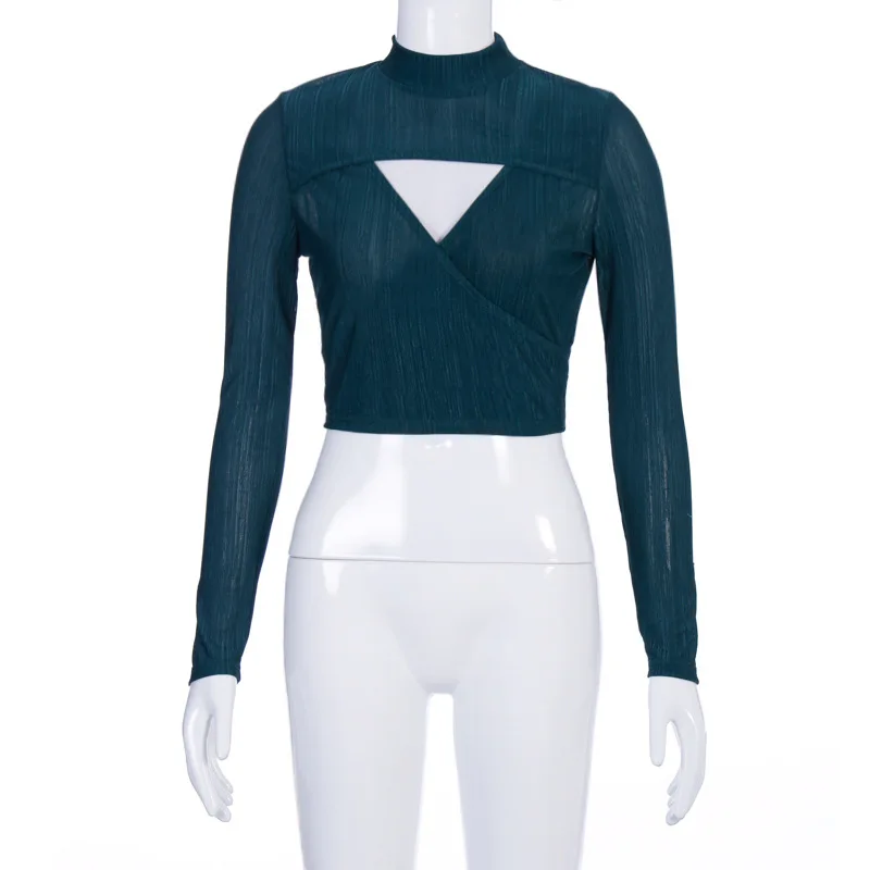 

Hollow Out Sexy Ribbed Women T Shirts Solid Long Sleeve Fashion Hot Skinny Crop Top 2020 Spring Basic Slim Cut Out Tees