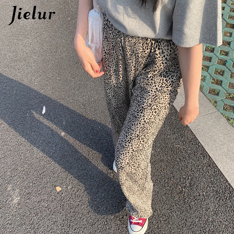 

Jielur Leopard Pants Wide-leg New Loose Chic High-Waisted Sports Women's Pants Young Cool Street Style 2022 Summer Trousers