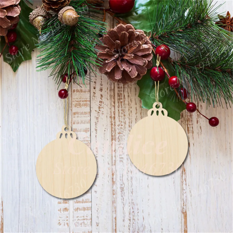 

60pcs/lot Laser Cut Wooden Round Baubles Tags Christmas Balls Decorations Art Craft Ornaments DIY Xmas Decors Party Favors