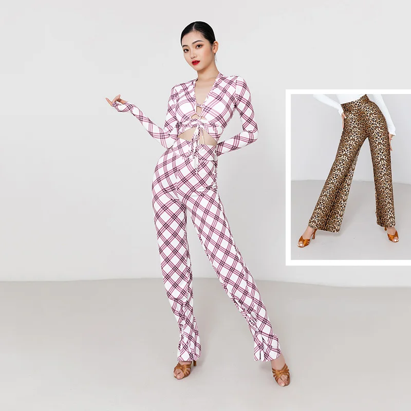 

Latin Dance Pants For Women Adult Purple Plaid/Leopard Practice Clothes Ballroom Dance Training Clothing Samba Dancewear DWY6721