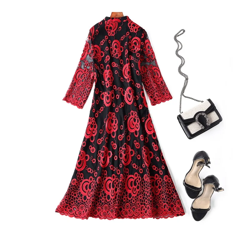 

Dress Vestidos XXXXL 2021 Spring Summer 1950s Style Women Allover Hollow Out Embroidery Mesh 3/4 Sleeve Vintage Retro Dress