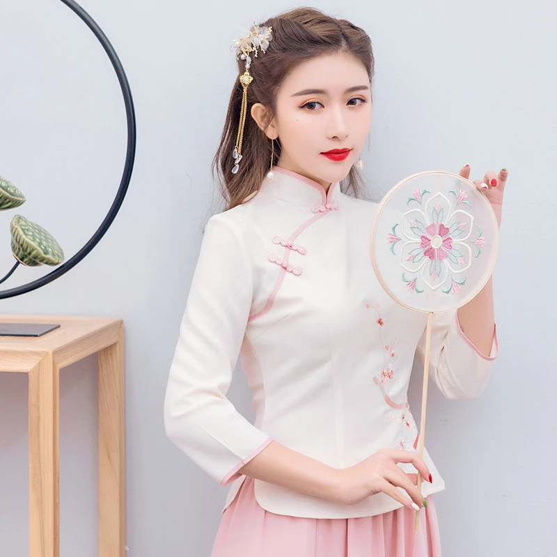 Традиционная китайская одежда для женщин новые юбки Cheongsam Топ Hanfu Новогодняя винтажная китайская рубашка Стиль Тан костюм - Цвет: Color3Shirt