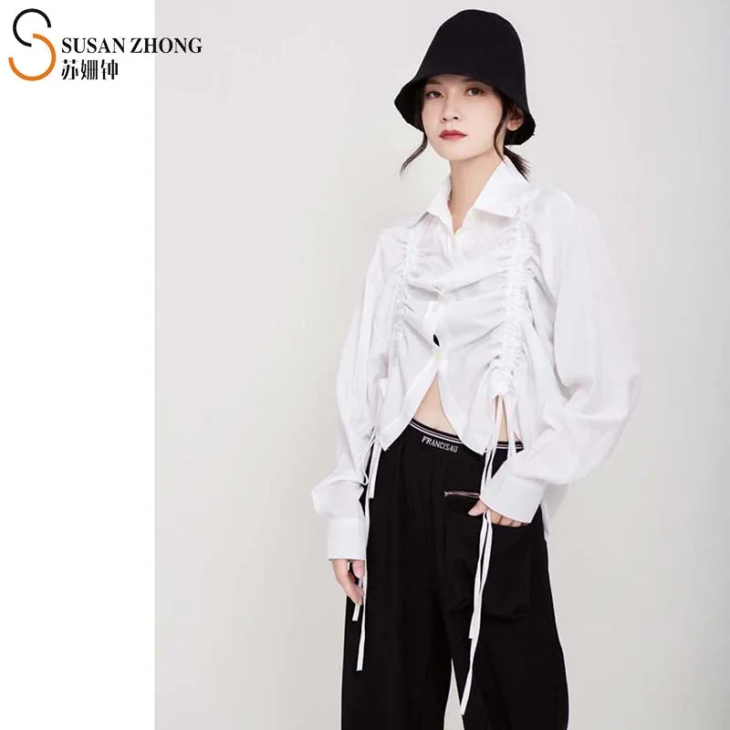 

Women Shirts Female Blouses Ladies Tops Japan Style Designer Fall Spring Cotton Turn-Down Collar Lantern Sleeve Button Lace-Up