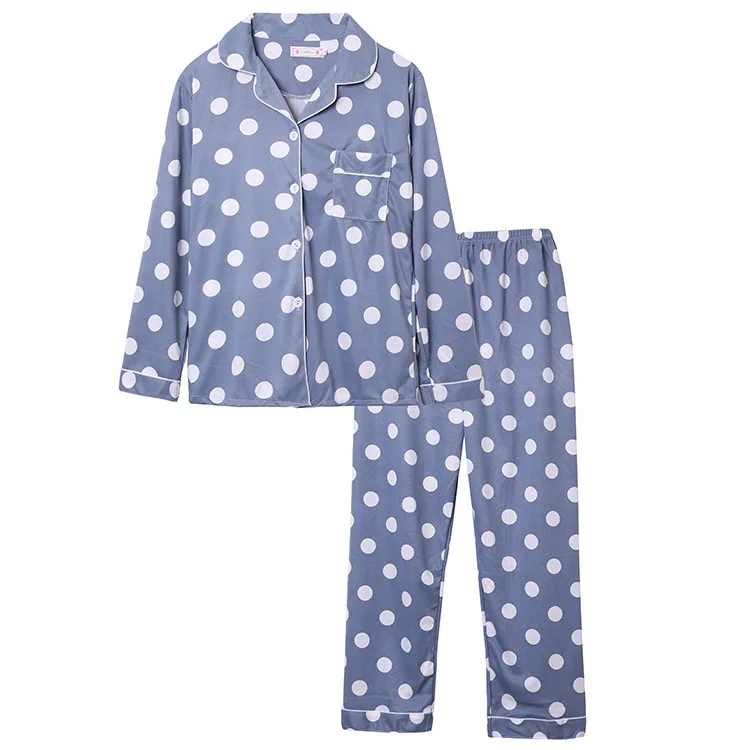 Spring Autumn Long Sleeve Pajamas Women's Lapel Cardigan Suit Wave Point Pants Nightwear Home Clothes Sleepwear Set Large Size