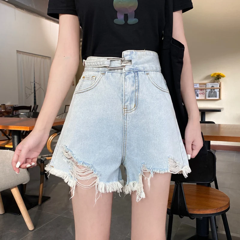 Шорты женские с завышенной талией облегающие потертые по краю штаны