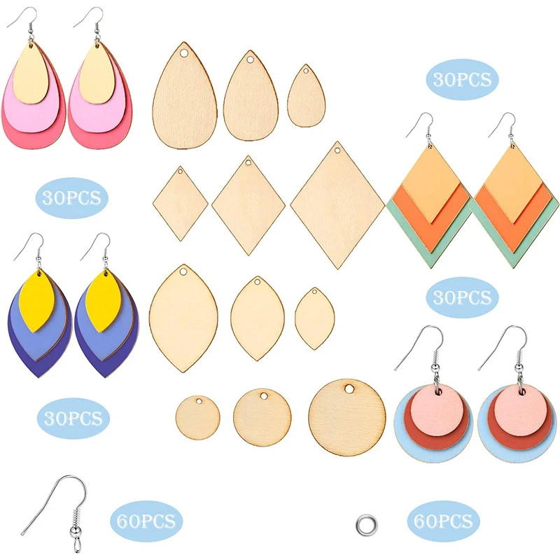 

120 Piece Blanks Wooden Wood Pendants with 60 Pieces Earring Hooks and 60 Pieces Jump Rings for Jewelry DIY Craft Making