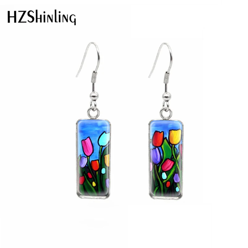 

2020 New Rectangle French Hook Earrings Whimsical Floral Butterfly Pattern Glass Cabochon Pendants Ear Jewelry