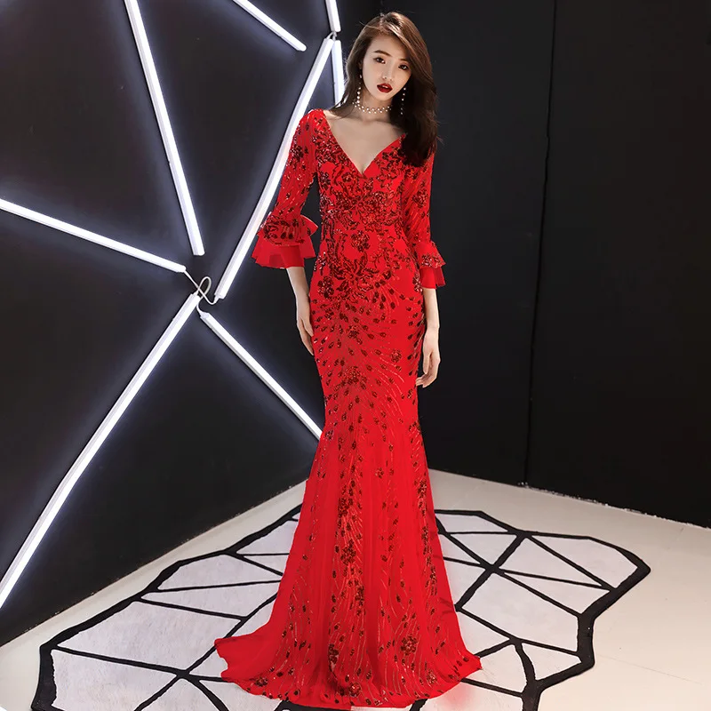 Женские вечерние платья с v образным вырезом и расклешенными рукавами модное