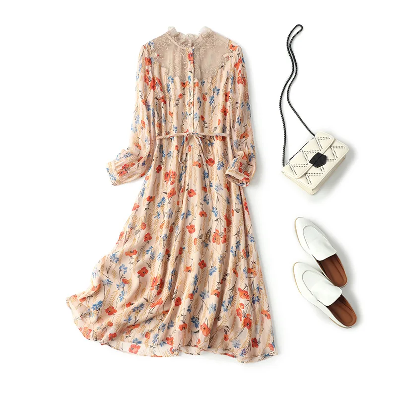 

100% натуральный шелк тутового шелкопряда, платье из крепдешина с принтом, Новинка лета 2021, офисное шелковое платье с длинным рукавом