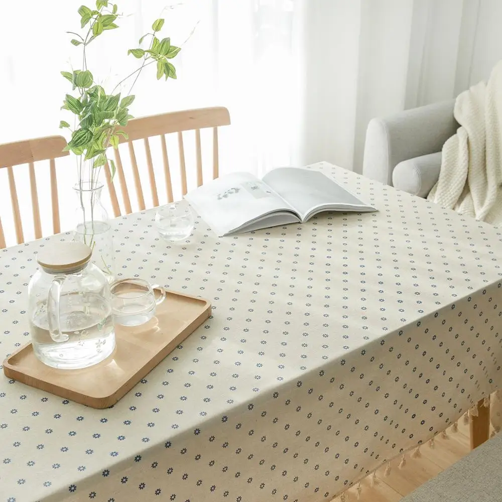 

Table Cloth Blue Daisy Print Cotton And Linen Table Cover Table Basse De Salon Home Tassel Lace скатерть на стол Tafelkleed